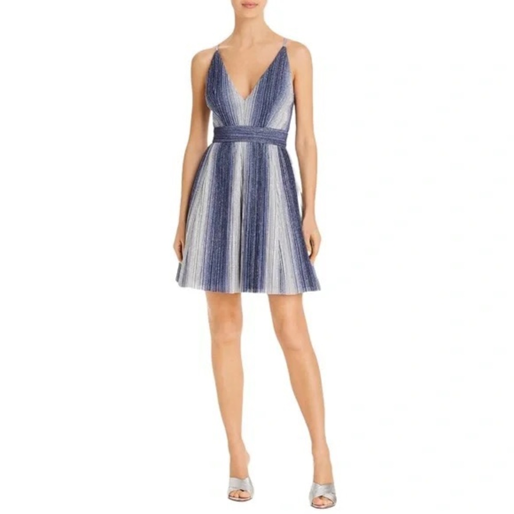 AQUA V-Neck Cross Back Straps Fit & Flare Blue Silver Metallic Cocktail Dress
